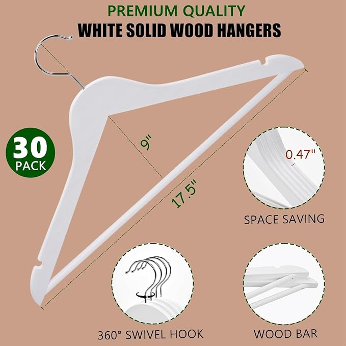 Amber Home White Wooden Hangers 30 Pack - Coat Hangers With Non-Slip Pant Bar for Shirts, Jackets, Dress