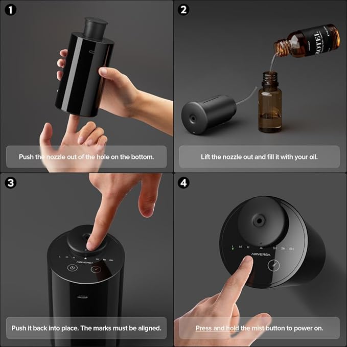 Airversa Waterless Diffuser for Essential Oil, Car Diffsuer, Battery Operated Nebulizer, 0.7 Fl Oz/ 20mL, Mini Scent Air Machine, 3 Timers & 3 Mist Levels for Home, Room, Car, Office - AN6 Black