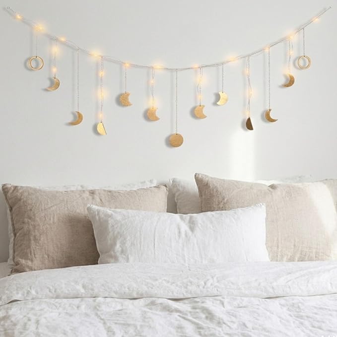 Moon Phase Wall Decor with LED String Light, 13 Gold Wood Boho Wall Hanging Decor Mood Garland 56'' - Celestial Phases Moon Decoration in Bohemian Style for Bedroom Living Room, Birthday Gifts