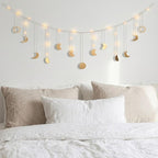 Moon Phase Wall Decor with LED String Light, 13 Gold Wood Boho Wall Hanging Decor Mood Garland 56'' - Celestial Phases Moon Decoration in Bohemian Style for Bedroom Living Room, Birthday Gifts