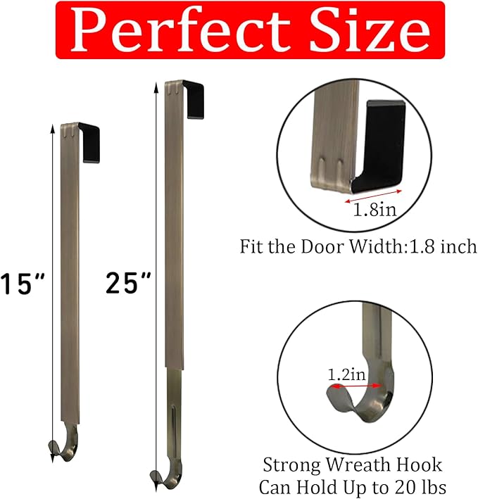 Wreath Hanger for Front Door, Adjustable from 15" to 25" Wreath Door Hanger for Christmas Fall Wreaths Decorations Hook, Brushed Nickel