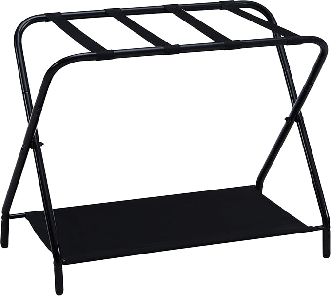 Kings Brand Furniture Shanon Folding Luggage Rack - Suitcase Stand With Storage Shelf - Folding Luggage Rack for Guest Room and Bedroom - Sturdy Portable and Stylish Metal Suitcase Stand - Black