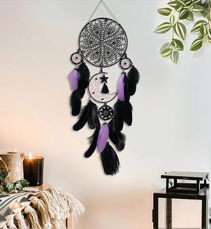 5 Pack Black Purple Dream Catchers Wall Decor Moon and Sun Feather Handmade Traditional Dreamcatchers Large Boho Macrame Wall Hanging Native American Decor for Bedroom Adult Halloween Decorations