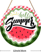 Hello Summer Watermelon Door Sign Front Door Decor Summer Watermelon Door Hanger Sign Plaque Seasonal Farmhouse Wooden Wreath Indoor Wall Hanging Decoration for Indoor Outdoor Outside Porch 12 Inch