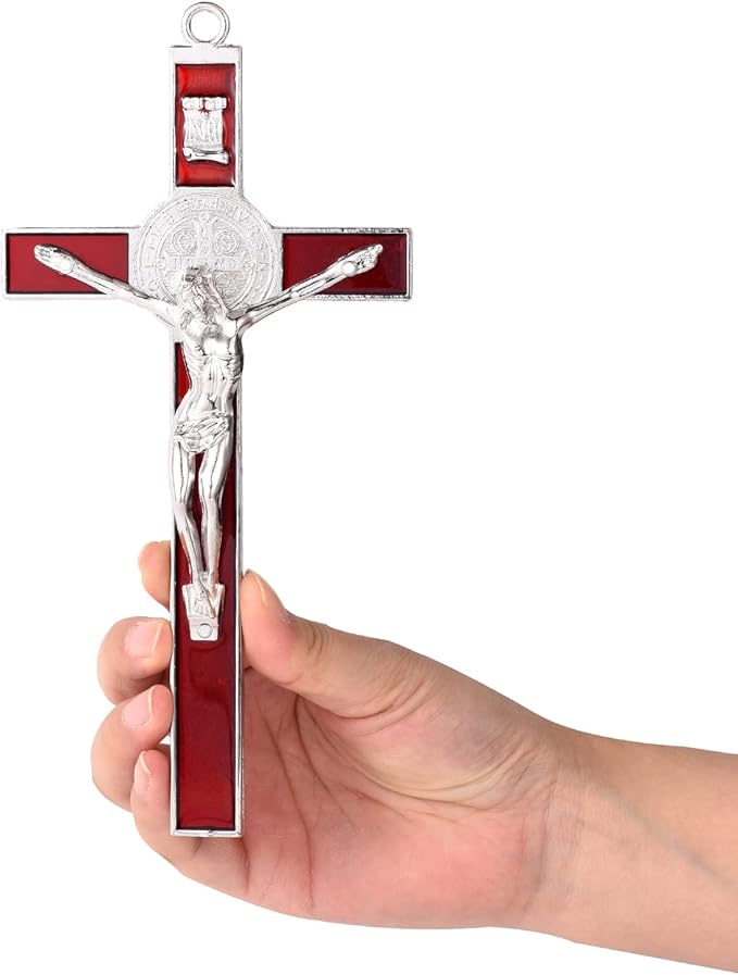 VINETEN Crucifix- Saint Benedict Crucifix Wall Cross Metal Wall Art-Cross Give Blessing and The Spiritual Sacred 8 Inch Red