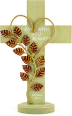 Wooden Wall Cross with Iron Heart Leaf Decorated with Hook and Base Hanging Wall Or Table Cross with Matthew 28:20 For Church Home Room Decoration (Green)