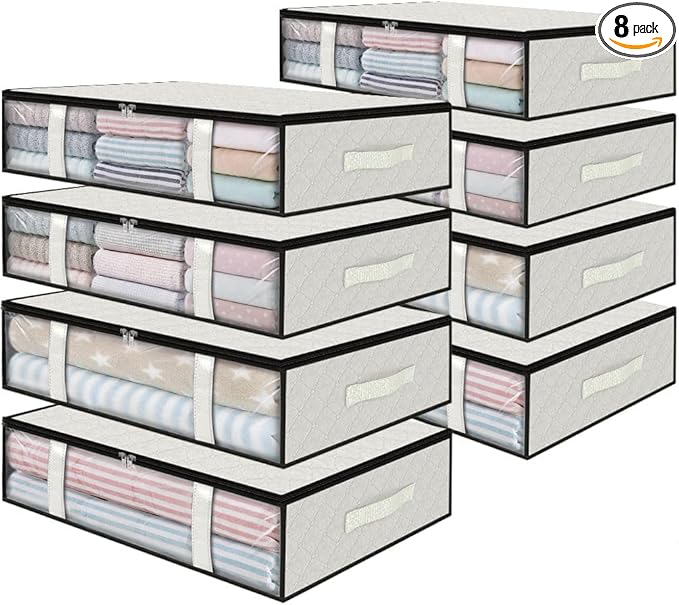 StorageRight Under Bed Storage Bags 8 Pack, 40L Large Clothes & Comforter Storage Containers with Clear Window, Breathable Fabric Organizer for Blankets, Bedding, Seasonal Clothing, White