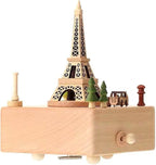 Natural Solid Wood Handcrafted Beech Wooden, Musical FigureTotoro/Carousel/Fairy/Ballerina Figurine,Rotating Hand Crank Mechanism Music Box,Musical Decorations (Eiffel Tower)