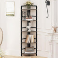 BON AUGURE Rustic Corner Shelf Stand, Tall Industrial Corner Bookshelf, Wood Metal 5 Tier Bookcase Shelves, Display Shelving Unit for Kitchen, Living Room (Dark Grey Oak)
