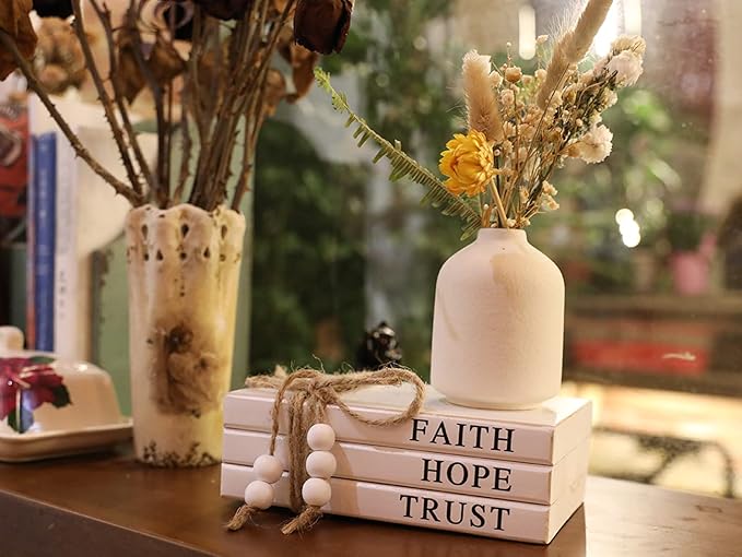 3 Pieces Wooden Decorative White Books, Rustic Farmhouse Faux Books for Coffee Table Shelves with Wood Bead Tassels and Leaves, 7'x 4.6'x 2.5' (Faith, Hope, Trust)