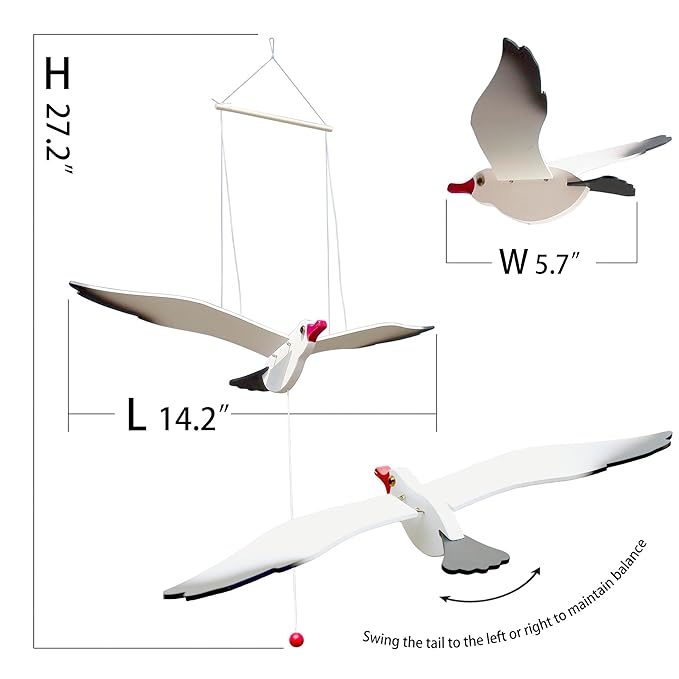 Wooden Flying Seagull Decorative Hanging Mobile Nautical Ornament Nursery Room Bird Drop for Patio Balcony Wedding Party(14")