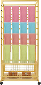 16-Layer Scarf Display Stand, Rolling Scarf Organizer Holder Hanging Rack with Wheels & Storage Basket for Retail Store Boutique Display Bedroom, W26.5*D16.9*H59in (Gold)