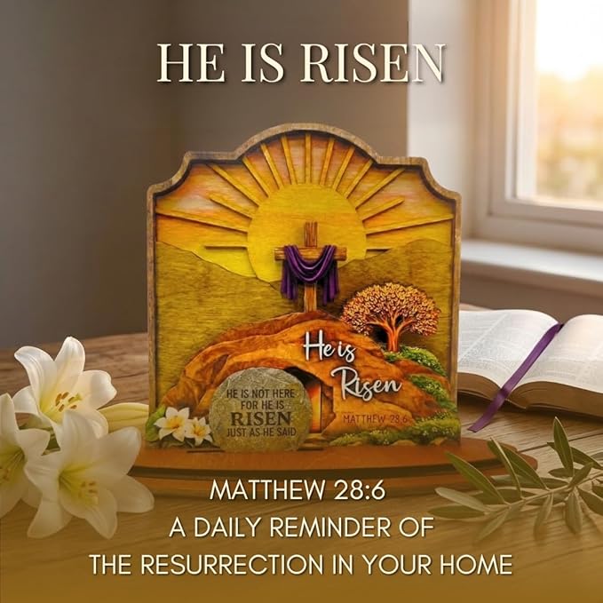 KATINAT He Is Risen Easter Decor, 3-Layer Wooden Empty Tomb Scene with Movable Stone, Religious Easter Decorations for Home Tabletop Shelf, Christian Gift Box Included, 6x6 Inch