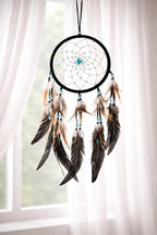 OMA Black Dream Catcher – Large Black Suede Dream Catcher with Turquoise Stones and Feathers, Traditional Dreamcatcher for Bedroom, Living Room, Dorms & Gift, Size - 28” x 9”