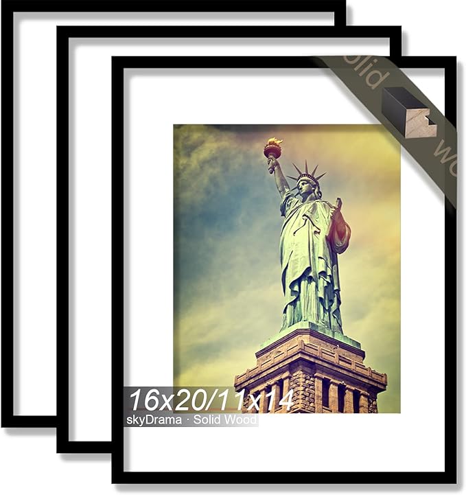 100% Solid Wood 16x20 Picture Frame Set of 3, Black Frame Display Photo 11x14 with Mat or 16 x 20 without Mat, 16by20 HQ Matte Black Frame for Wall - 3 Pack/Black/16 x20