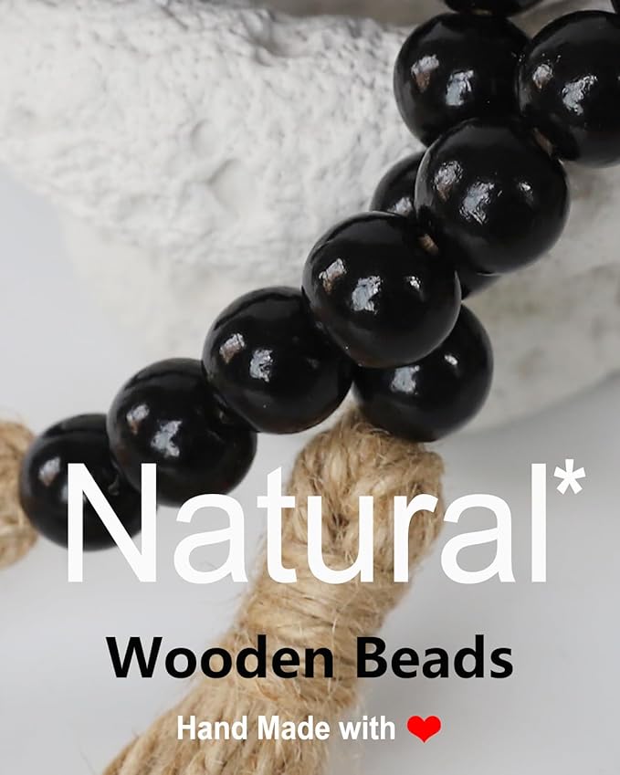 Boho Decor Wood Beads Garland Farmhouse Wall Hanging Decorations Natural Wooden Bead Tassel Decorative for Coffee Table Christmas and Prayer (Black, 39")