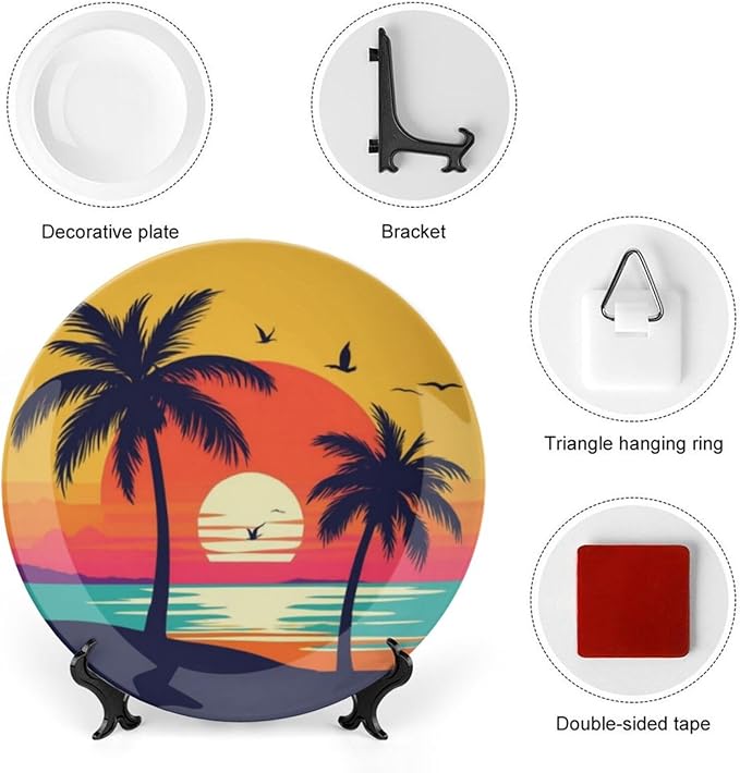 Coconut Trees Theme Decorative Ceramic Plate Round Porcelain Plate,8 inch,Sunset Silhouette Pattern,for Decorative Ornaments Giving Plates,1 Plate with 1 Display Stand,Orange Blue