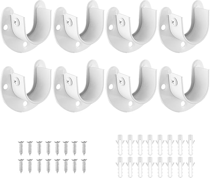 8 Packs Stainless Steel Closet Rod End Supports 1-1/3 Inch Wardrobe Bracket Heavy Duty Closet Pole Sockets Flange Rod Holder, U-Shaped with Screws, White