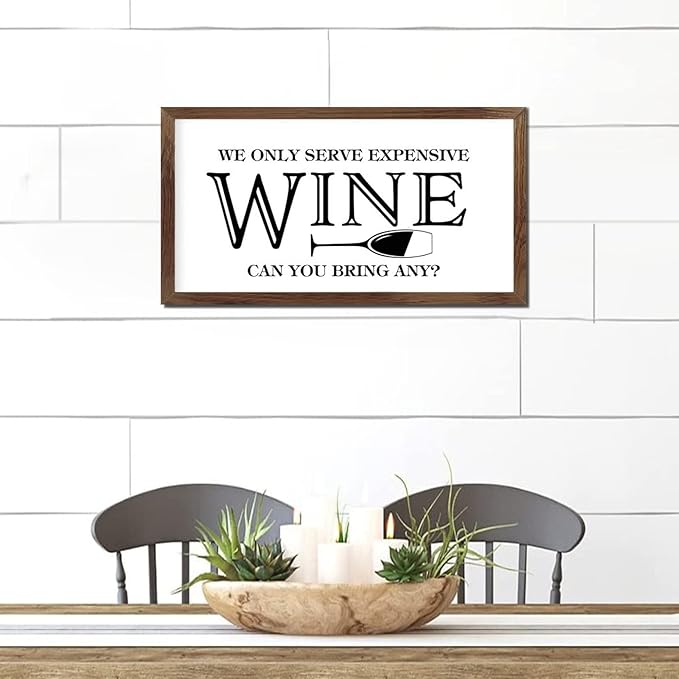 Family Lettering 12x22in Hanging Wall Sign with Life Positive Quote We Only Serve Expensive Wine Apricot Frame Wooden Plaque Birthday Housewarming Gift for Cottage Home Farmhouse Porch Wall Decor