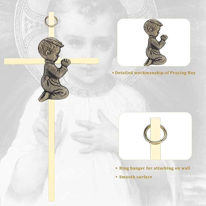 DCCXN Baby Wall Cross Baptism Gifts for Boys, 6 Inch Gold Praying Boy Crosses for First Holy Communion, Christening, Baptismal Cross Decor