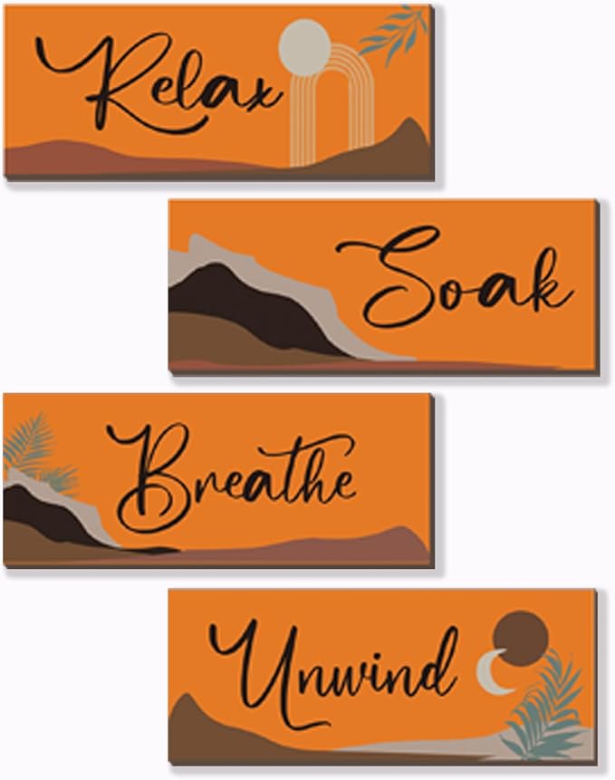 ONIZHITY 4 Pcs Orange Bathroom Decor Boho Wall Art With Relax Soak Unwind Breathe Quotes - Abstract Wooden Farmhouse Decor for Bedroom Living Room Office (10x4 Inch)