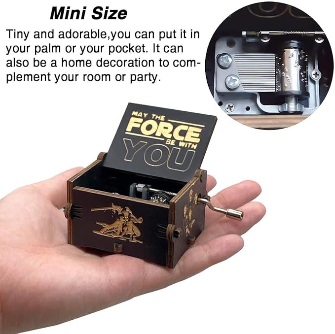 MAD DI Music Box, Wooden Hand Crank Unique Musical Boxes Theme Starwars, Mini Antique Vintage Craft Laser Engraved Home Decorations for Christmas, Wedding, Valentines, Birthday Gifts(Black)