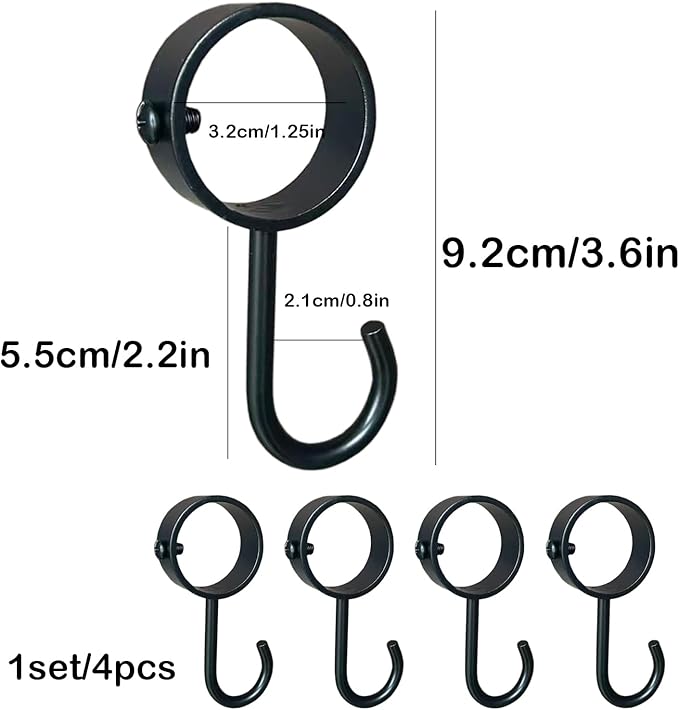 4-Pack Round Clamp-on Hooks for Rod, 1-1/4 Inch (32mm) Inner Diameter, No Drill Wall Hooks for Closet, Shower, Towel, Heavy Duty Metal Hooks for Home Organization, Black
