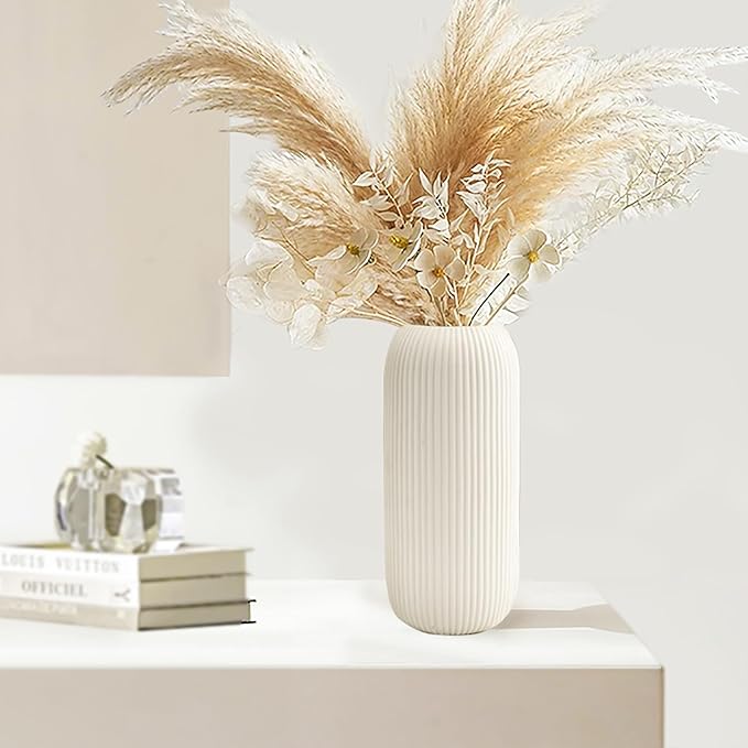 Ceramic Vase for Flowers – Modern Small Ribbed Textured Flower Vase for Home Decor, Pampas Grass, Decorative, Farmhouse, Coffee Table, Kitchen Centerpieces, Bookshelf and Home Living (XL White)
