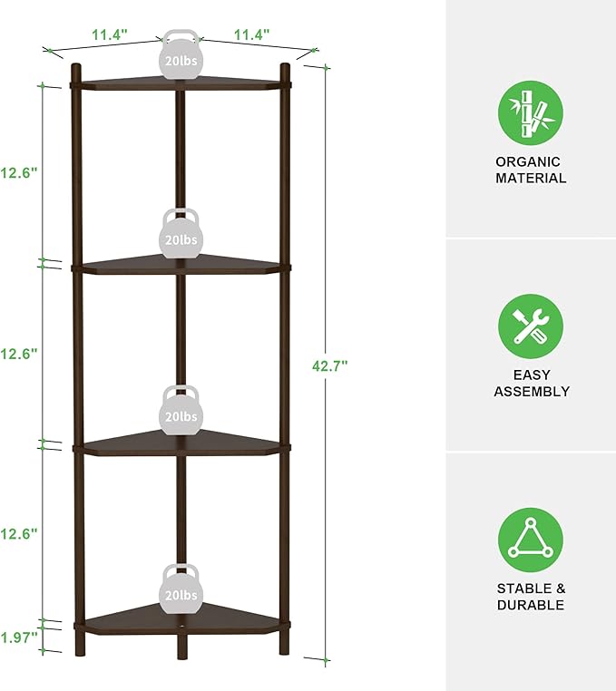 Wisuce Corner Shelf Stand - 4 Tier Walnut Bamboo Small Corner Bookshelf for Office Kitchen Bedroom Plant Stand Living Room Decor Small Space