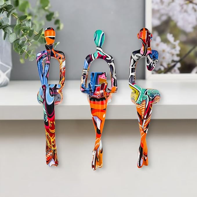 3-Piece Graffiti Abstract Women Thinker Sculptures, Colorful Resin Modern Art Figurines for Home Living Room Office Shelf Table Desk Bookshelf Decor
