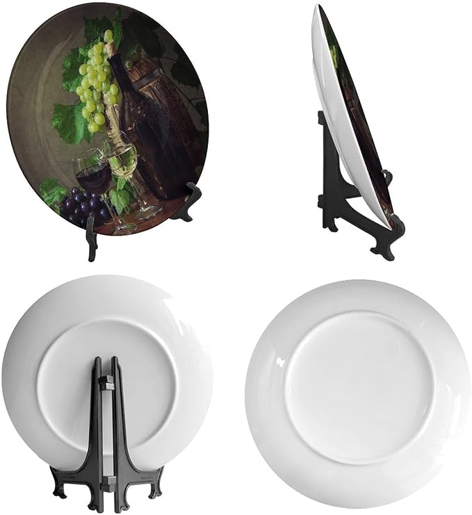 Decorative Plate Stand, 8 Inch, Grapes And Wine On Wooden Table Round Display Plate, Handmade Ceramic Ornament, for Home Kitchen Bedroom Decorative Ornaments