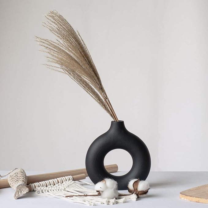 CEMABT Donut Vase Black Hollow Ceramic Vase for Flowers Handmade Minimalist Boho Style Decor for Wedding Dinner Table Party Living Room Office Bedroom