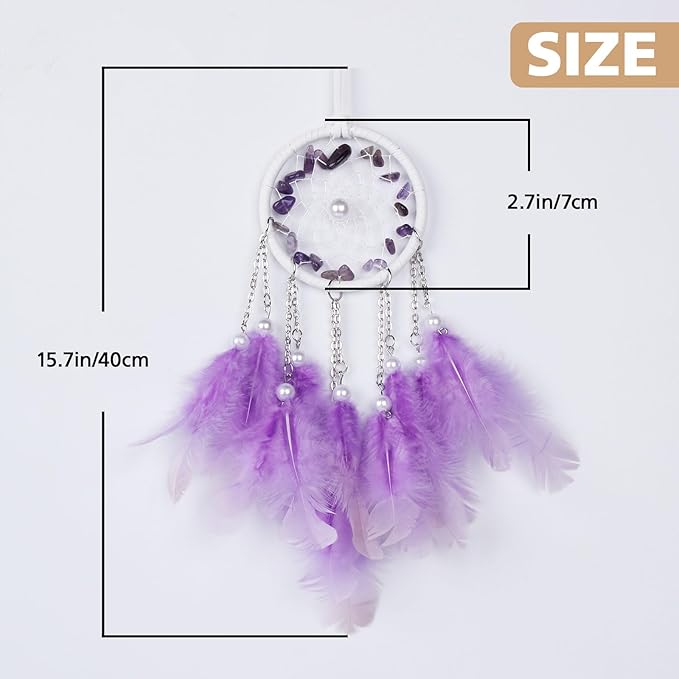 Pretty Jolly Crystal Stone Small Dream Catchers Purple Feathers Mini Dreamcatchers with Beads for Cars Rear View Mirror Hanging Decoration Good Luck Travel Charm Bedroom Ornaments for Women Girls