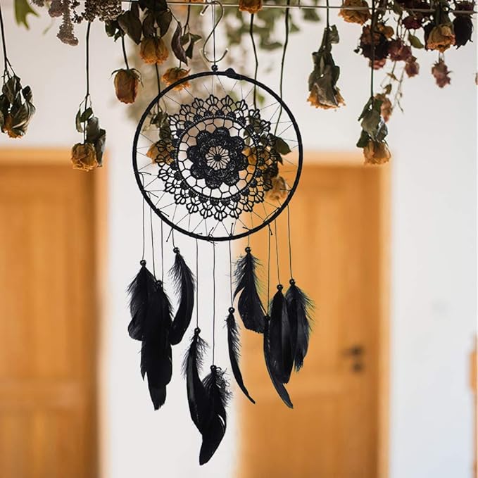 Dream Catcher, Wall Mounted Dream Catcher Feathered Dream Catcher Handmade Dream Catcher Black Boho Bedroom Dream Catcher
