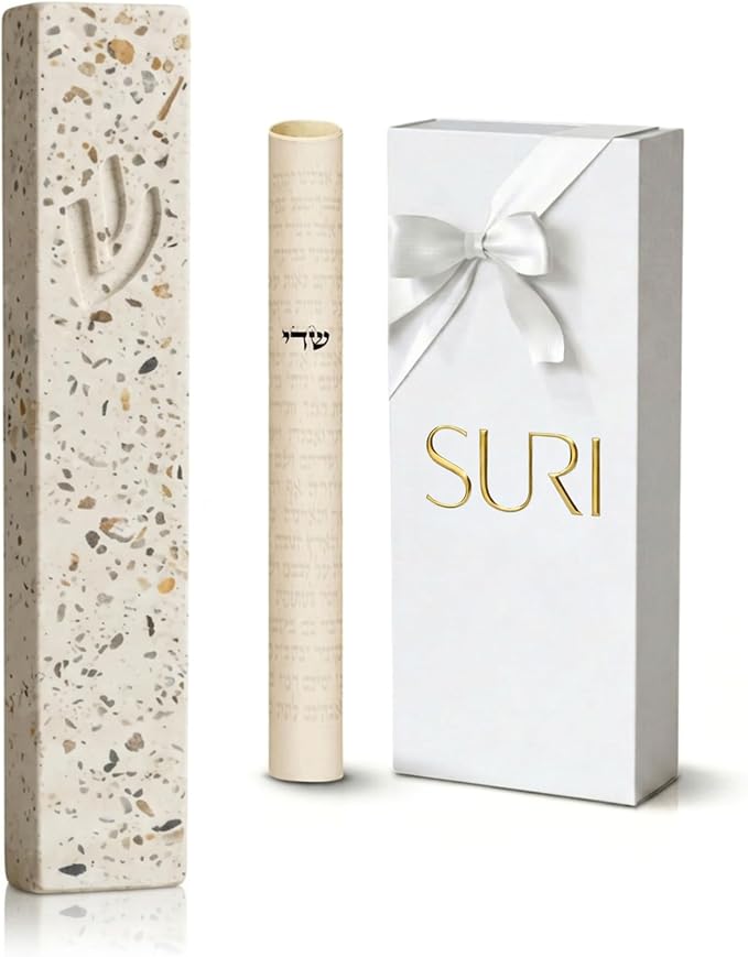 SURI Mezuzah for Door – 6 Inch Terrazzo Pink Concrete Mezuzah Case with Printed Scroll, Self-Stick Jewish Entry Design, Fits a 5 Inch Scroll, Gift Box Included