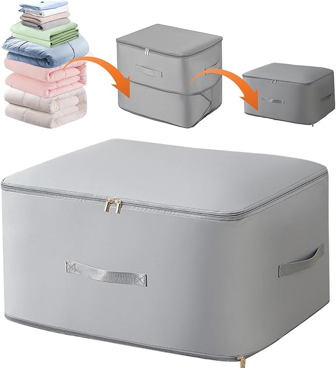 Ultra Space Saving Self Compression Organizer, Upgraded Space Saving Self Compression Organizer Space Bags, Premium Comforter Packaging Cube Bedding Storage Bag (Light Grey, X-Large 54×42×60cm)