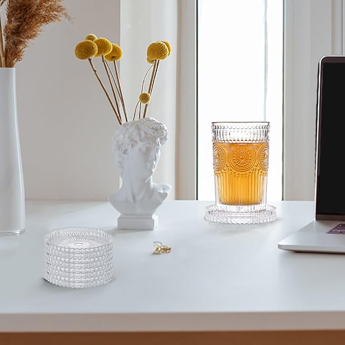 Modern Clear Coaster Set of 5- Glass Coasters for Drinks Crystal Coasters Round Cup Mat Coffee Table Decor for Office, Kitchen, Bar, Dining Room, Living Room, Patio (Clear)