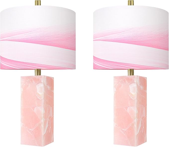 Scenekoy 23" Alabaster Table Lamp Set of 2 with Night Light for Bedroom Living Room, Rotary Switch, Pink Modern Table Lamp with Linen Shade, Nightstand Lamps for Room Bedside Office (Bulb Included)