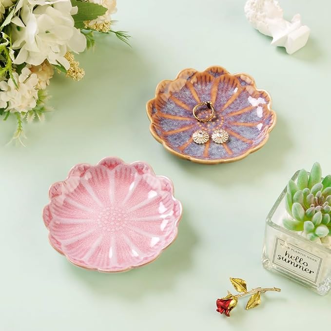 Lotus Ring Holder Dish Small Indoor Ash Tray, Ceramic Dessert Plate Trinket Jewelry Holder Organizing Necklace Earrings for Parents Friends Sister, Deep Purple. All Jewelries Are NOT Included.