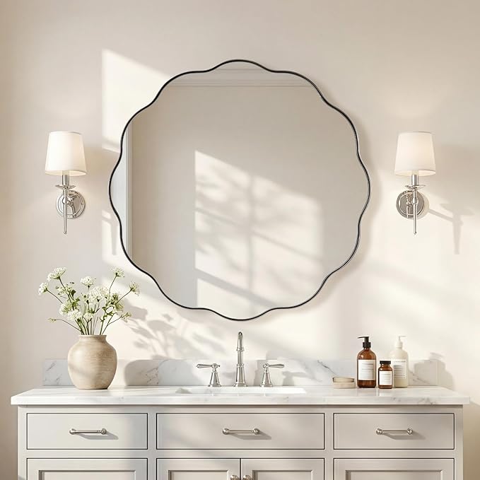 ANDY STAR Chrome Round Wall Mirror 36 inch, Polished Metal Frame Circle Bathroom Mirror in SUS304 Stainless Steel Frame, with Unique Modern Circular Wavy Design