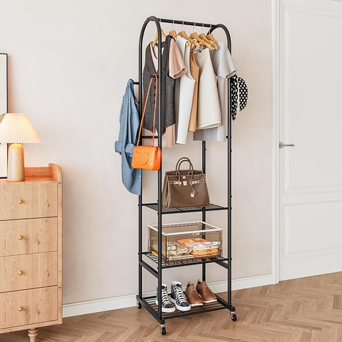 SUOERNUO Clothes Rack With Wheels and 3-Tier Metal Shelves,Clothing Rack For Hanging Clothes With 4 Hooks,Garment Rack Wardrobe Organizer for Small Space,Black (black, 16.54 * 18.23 * 72.05)