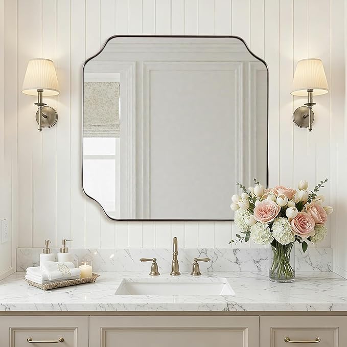 ANDY STAR 24"x24" Chrome Mirror, Polished Nickel Square Mirror for Wall, Scalloped Bathroom Mirror in Anti-Rust Stainless Steel Frame, Unique Notched Corner Designed Ideal for Home Remodel