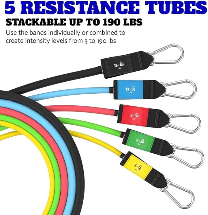 Bodylastics Patented Basic Series Resistance Band Set - 5 Resistance Bands with Snap Reduction Tech, 2 Handles, 2 Ankle Straps, 1 Door Anchor & 1 Carry Bag