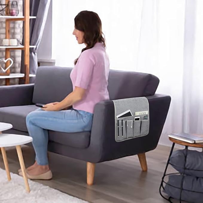 NB Sofa Armrest Organize Remote Holder Bedside Caddy Organizer with 5 Pockets，Non-Slip Couch Remote Control Holder Couch Armchair Caddy Accessories (Beige, 35"X12.4")