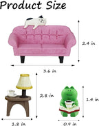 Mevodeata Cute Mini Frog Figurine with Small Sofa and Lamp Table Resin Figure for Office Home Decor for Frog Lovers (Pink Sofa)