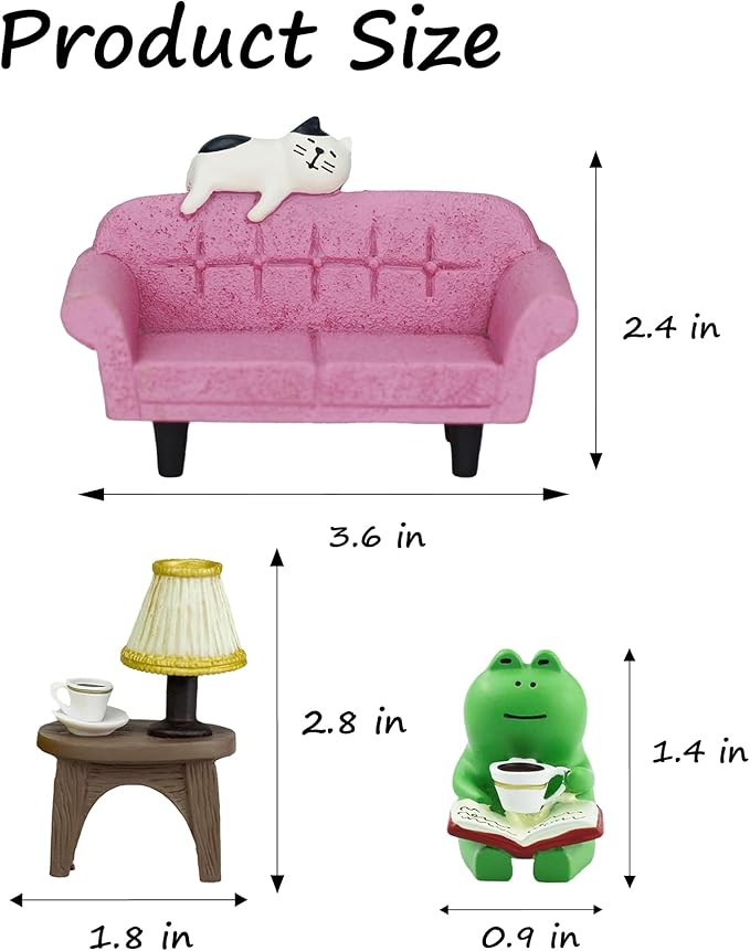 Mevodeata Cute Mini Frog Figurine with Small Sofa and Lamp Table Resin Figure for Office Home Decor for Frog Lovers (Pink Sofa)