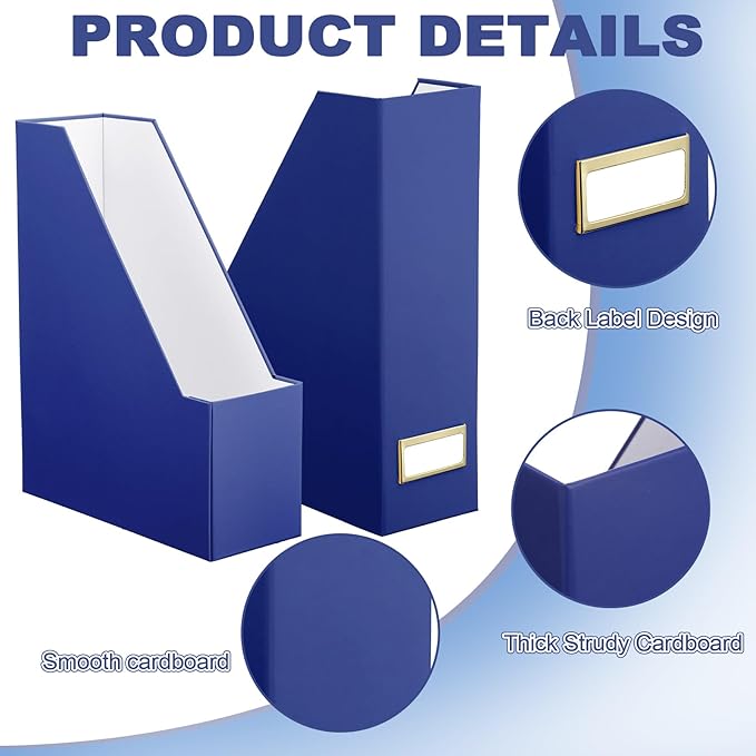 Feifeiya Magazine File Holder Set of 6 Stylish Sturdy Cardboard File Boxes Desk Organizer Beautiful Magazine Holder Rack with Gold Label Holder for Home Office Desktop Bookshelf Classroom (Navy Blue)