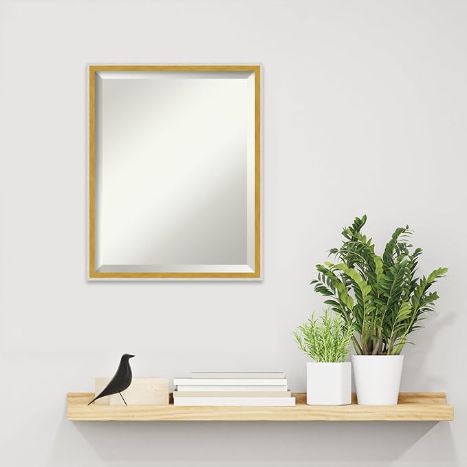 Amanti Art White Wall Mirror 21x17 Paige White Gold Rectangle Bathroom Mirror for Wall Decor Living Room, Small Modern Wood Frame, Hangs Horizonally and Vertically, Bathroom Decor, Beveled Edge