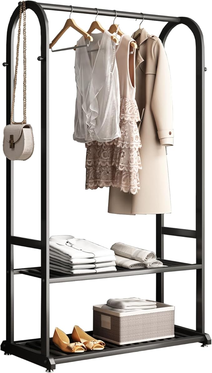 Freestanding Clothing Rack,Metal Garment Rack with Bottom Shelves and 6 Side Hooks,Black Sturdy clothes racks for hanging clothes,Modern Wardrobe Organizer for Bedroom or Closet (L:39.4)