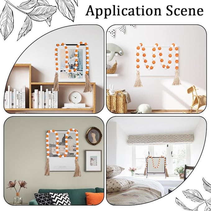 CREATCABIN 42 Inch Wood Bead Garland Decor Rustic Country Farmhouse Boho Home Orange White Wooden Beads Tassel Wall Hanging Ornaments for Coffee Table Wall Shelf Tray Vase Living Room Bedroom